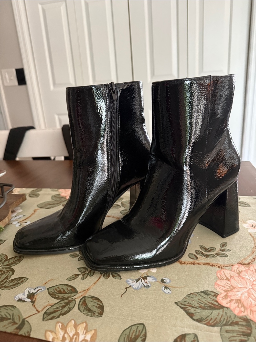 Pleather (Leather) Black Ankle Boots with Block Heel